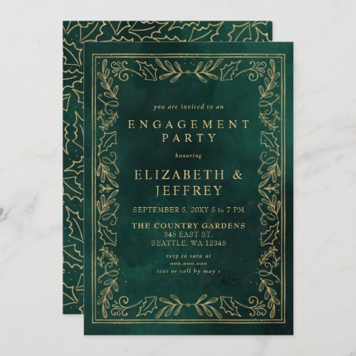 Green Gold Holly Christmas Engagement Party Invitation