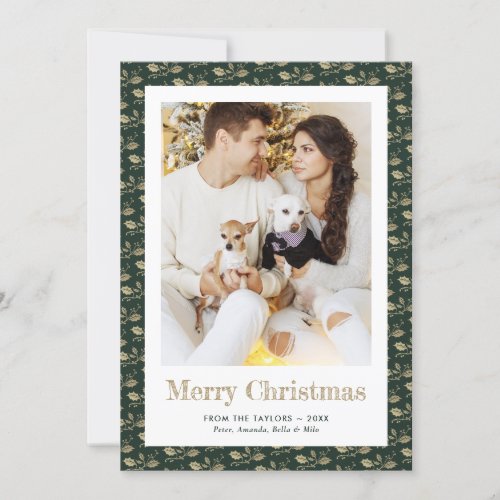 Green Gold Holly Merry Christmas Photo Cards