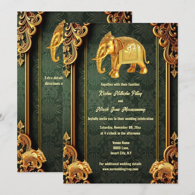 Green gold Indian elephants floral brocade Hindi  Invitation (Front/Back)