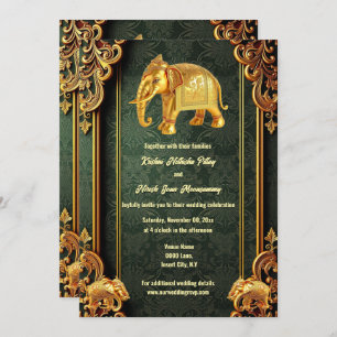 Green gold Indian elephants floral brocade Hindi Invitation