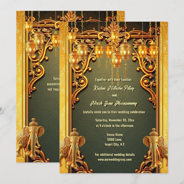 Green gold Indian elephants lanterns Hindi Hindu Invitation (Front/Back)