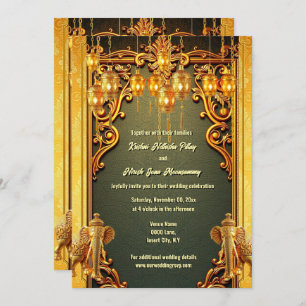 Green gold Indian elephants lanterns Hindi Hindu Invitation