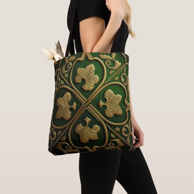 GREEN & GOLD IRISH CELTIC KNOTS TOTE BAG (Close Up)