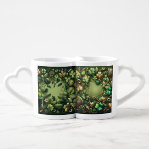 GREEN & GOLD IRISH CELTIC SHAMROCKS COFFEE MUG SET