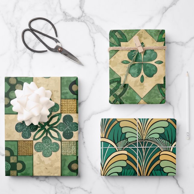 GREEN & GOLD IRISH SHAMROCKS & PATTERNS WRAPPING PAPER SHEETS (Front)