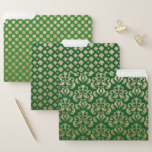 GREEN & GOLD IRISH SHAMROCKS POLKA DOTS FLOURISHES FILE FOLDER (Set)