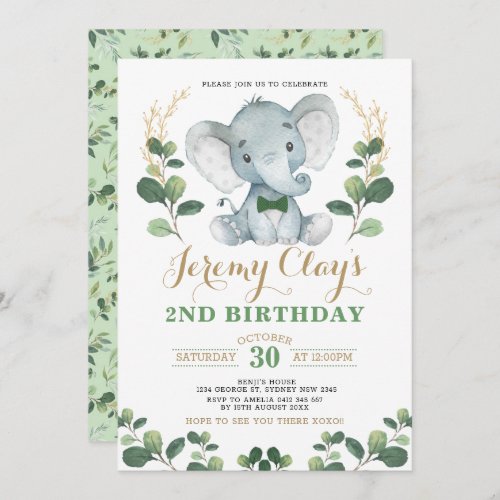 Green Gold Jungle Baby Elephant 2nd Birthday Invitation