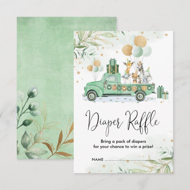 Green Gold Jungle Safari Animals Diaper Raffle Enclosure Card (Front/Back)