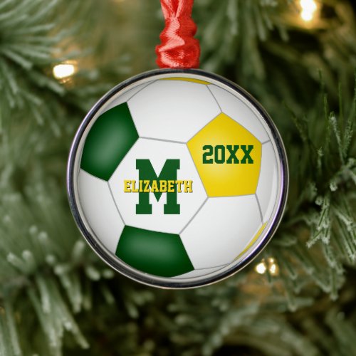 green gold kids soccer club colors keepsake metal ornament