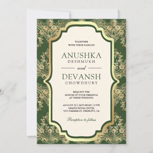 Green Gold Lace Indian Wedding Invitation
