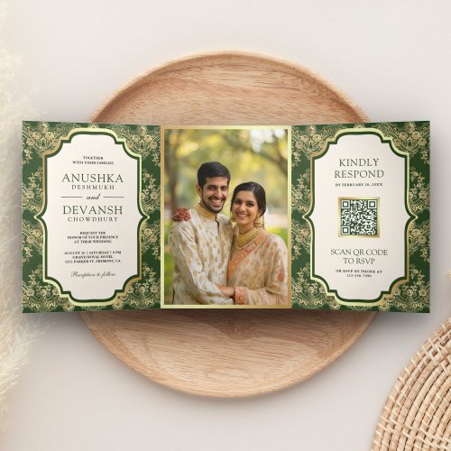 Green Gold Lace QR Code Photo Indian Wedding Tri_Fold Invitation