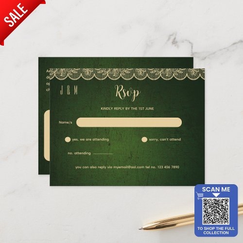 Green Gold Lace Wedding RSVP For Matching Inv Postcard