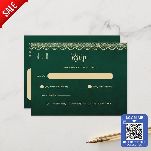 Green Gold Lace Wedding RSVP For Matching Inv Postcard