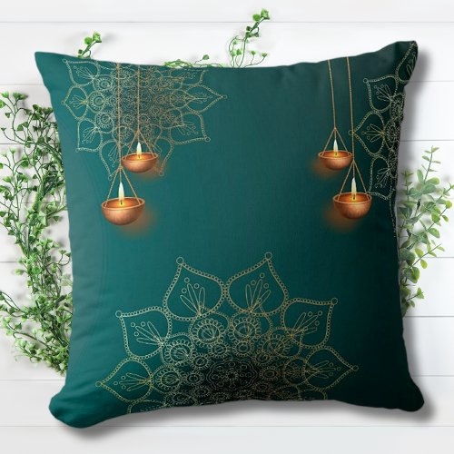Green Gold Lamps Mandala Pattern Elegant Bohemian  Throw Pillow