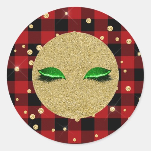 Green Gold Lashes Holiday Red Buffalo Plaid Classic Round Sticker