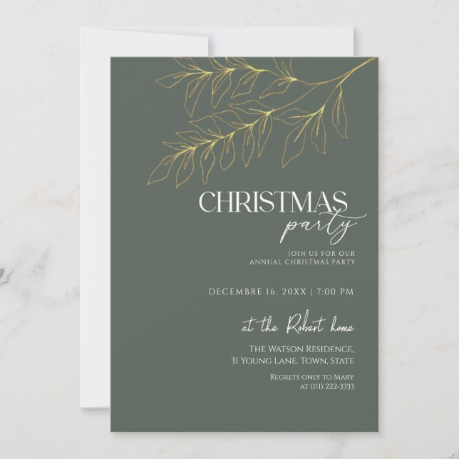 Green & Gold Leaf Christmas Party  Invitation (Front)