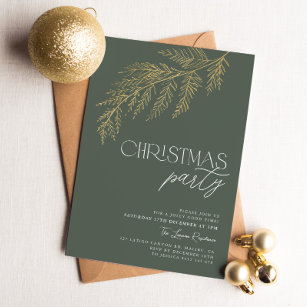 Green Gold Leaf Modern Christmas Party Holiday Invitation