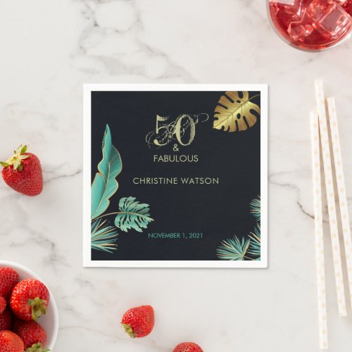 Green Gold Leaves 50 and Fabulous Birthday Party Napkins