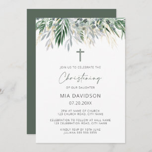 Green & Gold Leaves Christening Invitation