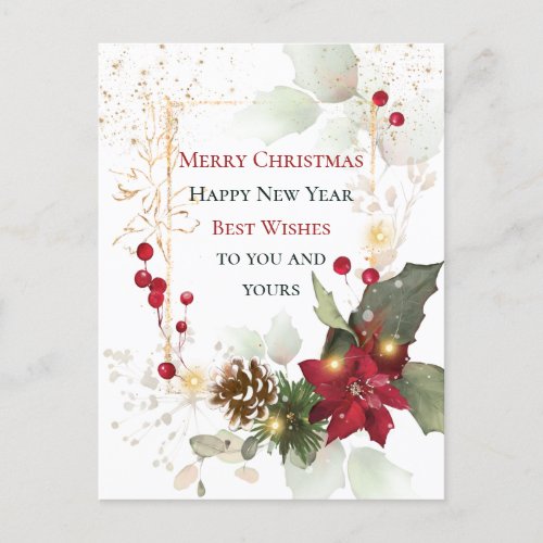 Green Gold Leaves Red Berry Poinsettia Christmas Postcard