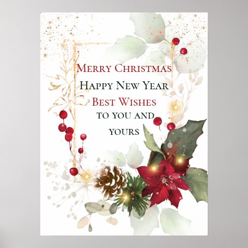 Green Gold Leaves Red Berry Poinsettia Christmas Poster