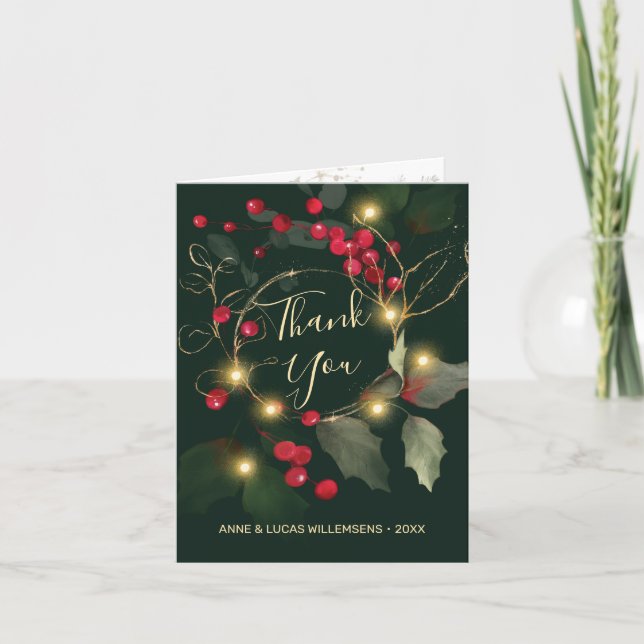 Green Gold Leaves Red Berry Wedding Thank You Card (Front)