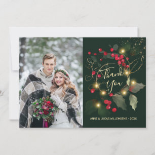 Green Gold Leaves Red Berry Wedding Thank You Card