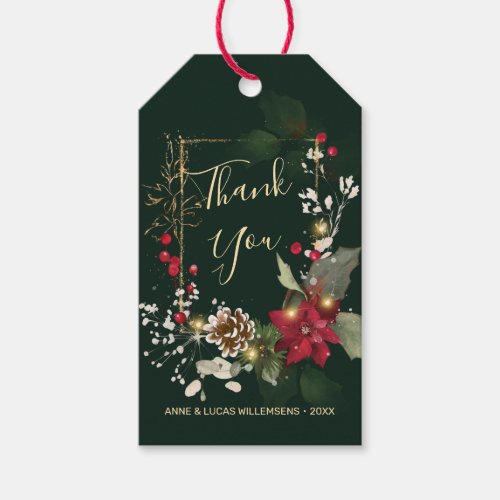 Green Gold Leaves Red Berry Wedding Thank You  Gift Tags