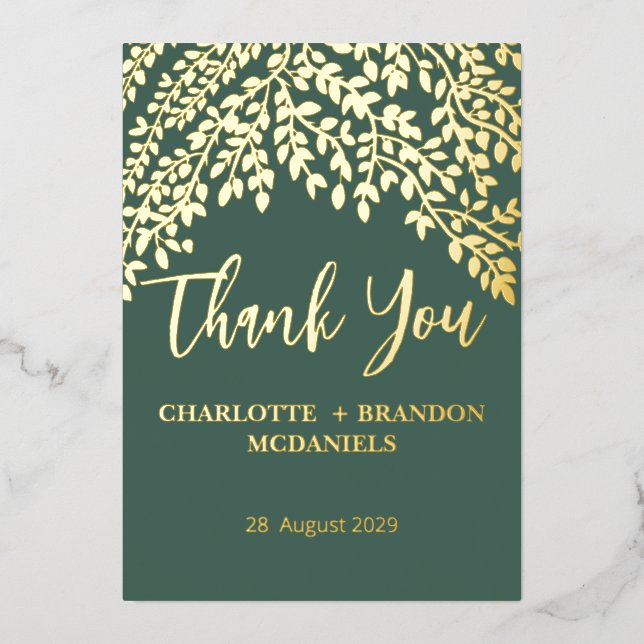 Green Gold Leaves Wedding Thank You  Foil Invitation (Front)