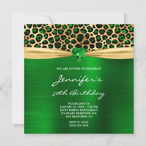 Green Gold Leopard Foil Gem Heart 50th Birthday Invitation