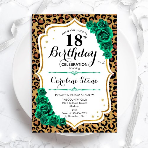 Green Gold Leopard Print 18th Birthday Invitation