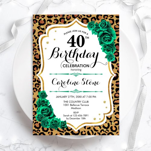 Green Gold Leopard Print 40th Birthday Invitation