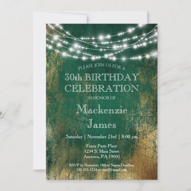 Green Gold Lights Birthday Party Invitation Adult (Front)