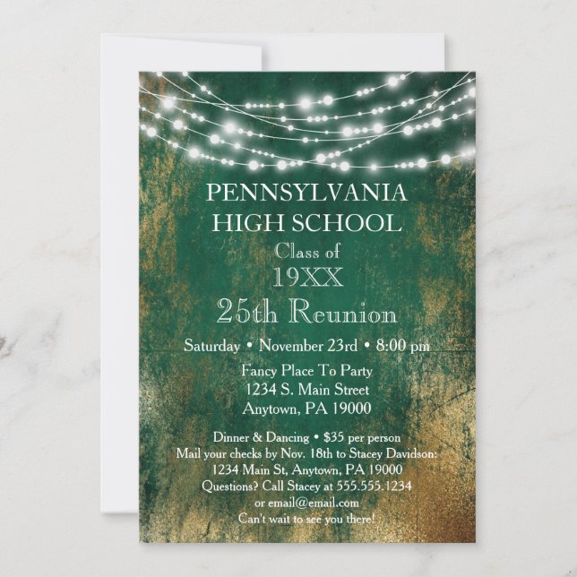 Green Gold Lights School Class Reunion Invitation (Front)