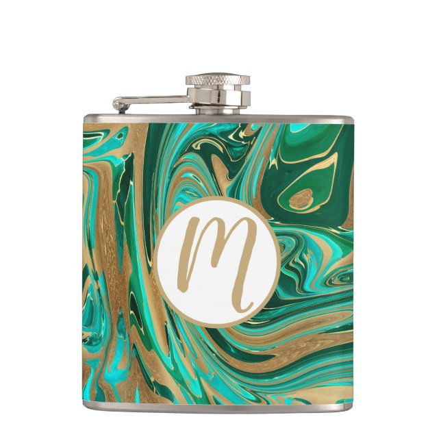 Green & Gold Liquid Marble Flask (Front)
