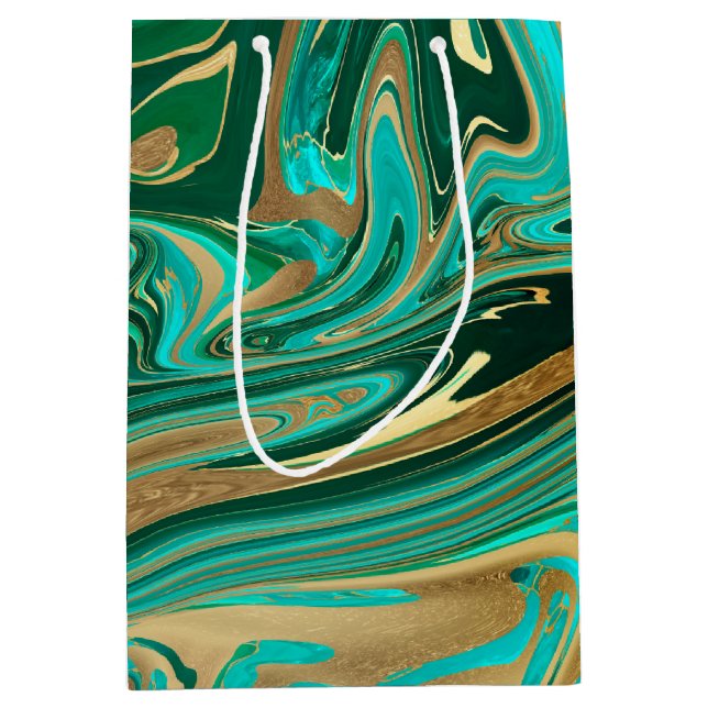 Green & Gold Liquid Marble Medium Gift Bag (Front)