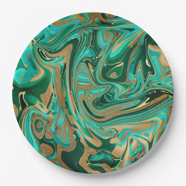 Green & Gold Liquid Marble Paper Plates (Front)
