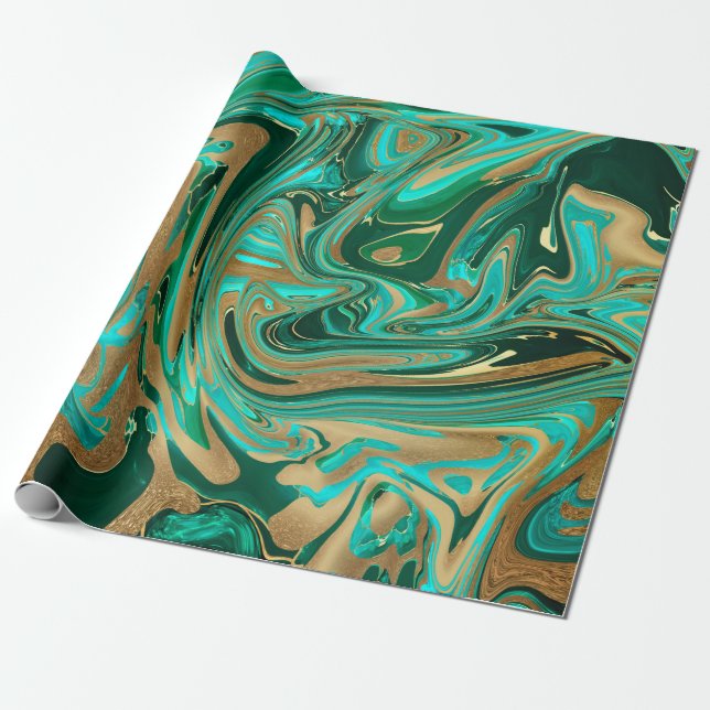 Green & Gold Liquid Marble Wrapping Paper (Unrolled)