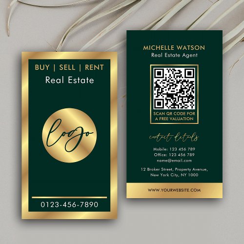 Green &amp; Gold Logo Chic Notary Real Estate QR Code Business Card
