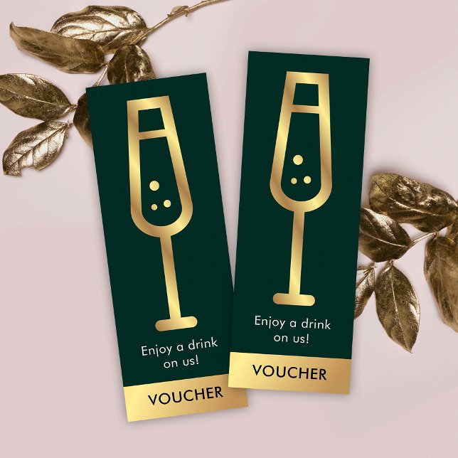 Green & Gold Logo Elegant Event Free Drink Voucher Mini Business Card (Green and gold free drink voucher tickets with space for your logo and brand details)