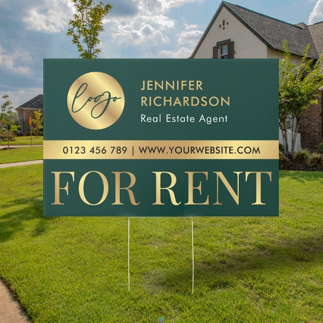 Green & Gold Logo  House For Rent Promotional Yard Sign (Modern emerald green and gold For Rent real estate marketing yard sign with your logo & details)