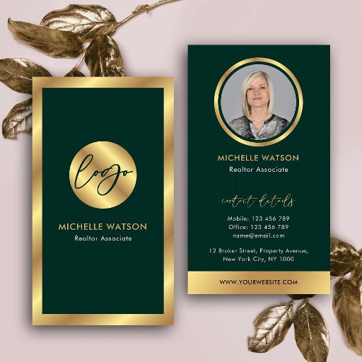 Customizable Green &amp; Gold Logo Modern Lawyer Real Estate Photo Business Card