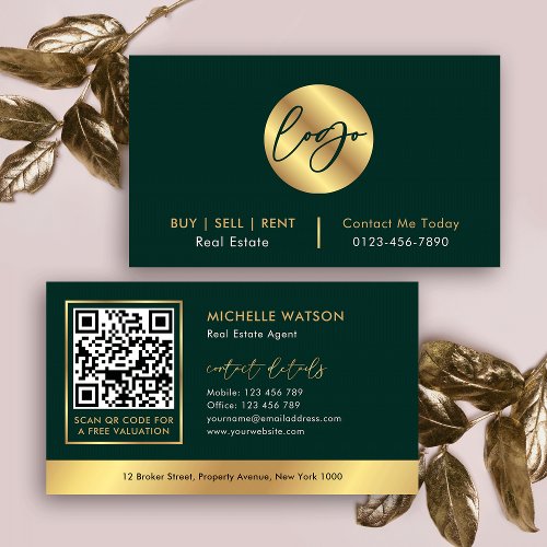 Green &amp; Gold Logo Modern Real Estate QR Code Business Card