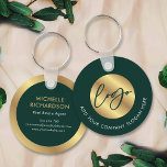 Green & Gold Logo Real Estate Business Promotional Keychain<br><div class="desc">Promote your business with this custom keychain design in emerald green and gold. Featuring space for your business logo and slogan on the front with your name, job title, contact details and website on the back. The dark green background paired with the faux gold detailing makes for a stylish corporate...</div>