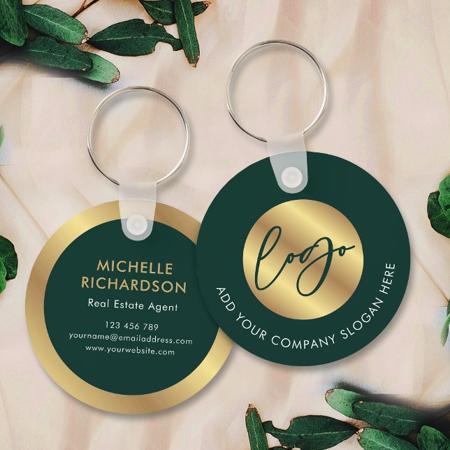 Green & Gold Logo Real Estate Business Promotional Keychain (Emerald greed and gold promotional branded business logo keyring with space for your contact info)