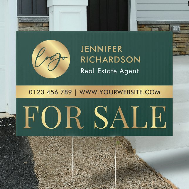 Green & Gold Logo Real Estate For Sale Promotional Sign (Real Estate property for sale marketing sign with logo in dark green and faux gold)
