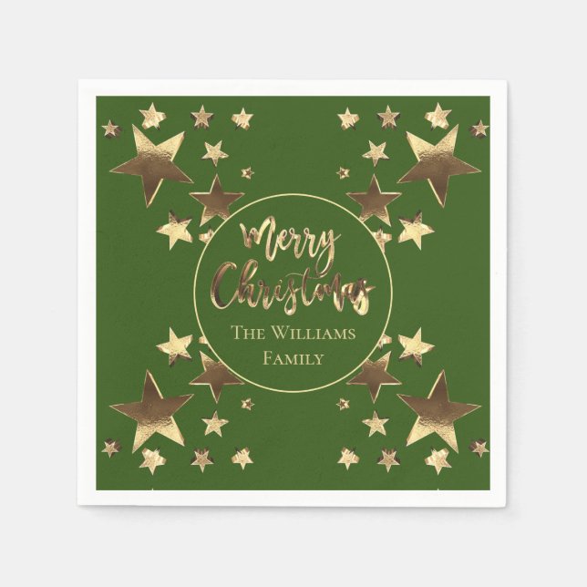 Green Gold Look Star Pattern Elegant Christmas Napkins (Front)