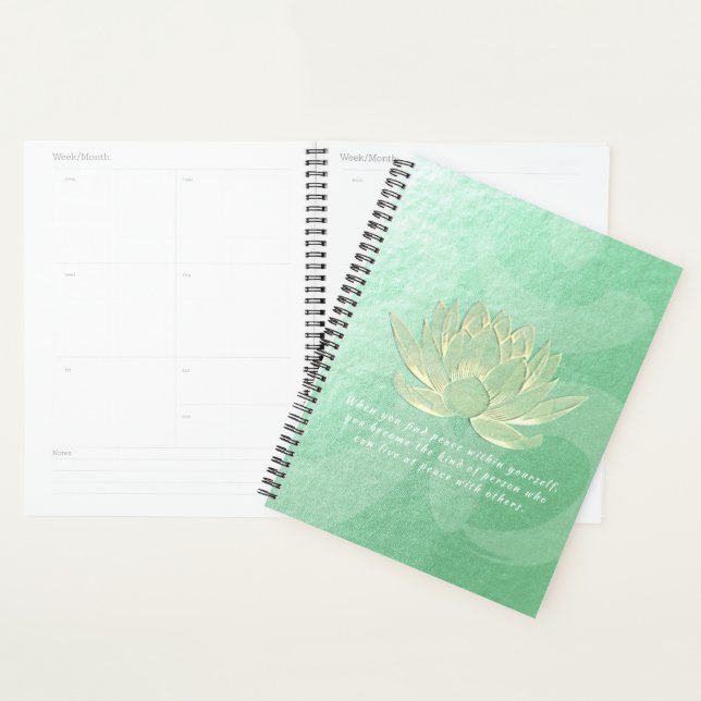 Green Gold Lotus Yoga Meditation Instructor Quotes Planner (Display)