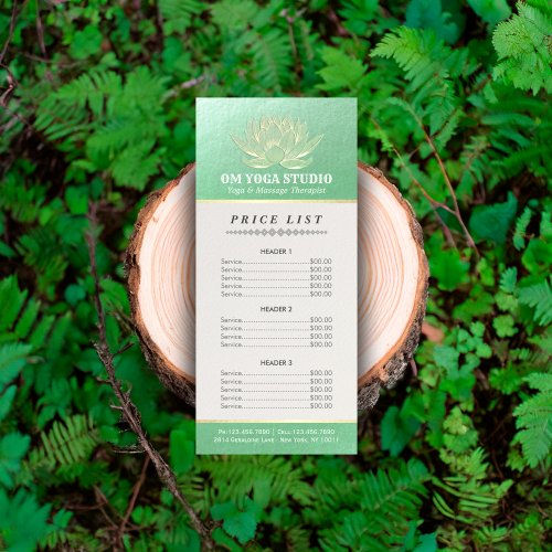 Green Gold Lotus YOGA Reiki Instructor Price List Rack Card