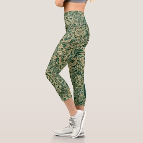 Green Gold Mandala Collection Capri Leggings